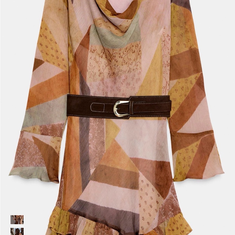 Zara Geometric Pattern/patchwork Mini Dress with Belt - Multicolor